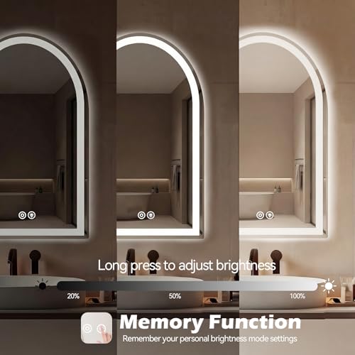 Image of Sweetcrispy 20 inchx28 inch LED Bathroom Backlit Mirror with Lights, Arched Lighted Bathroom Vanity Mirror with Anti-Fog, Dimmable, 3-Color Light, Memory Function, Tempered Glass, Water-Proof Design