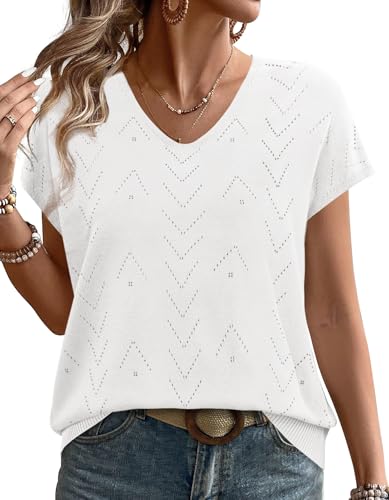 WIHOLL Spring Tops for Women 2026 Trendy Casual V Neck T Shirts Short Sleeve Sweater Lightweight Summer Fashion Clothing Travel Teacher Outfits for Women Clothes White S