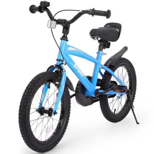 BODIOO Bicicleta infantil de 18 pulgadas para niños y niñas con asiento ajustable, ruedas estabilizadoras, freno de mano, freno de contrapedal y marco estable para ciclistas de 114-137 cm (azul)