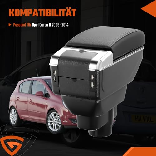 GEARMONSTER Auto Armlehnen für Opel Corsa D 2006-2014, Zweilagige Armlehne mit 7 USB Ladeanschlüssen, Mittelkonsole Aufbewahrungsbox aus schwarzem PU-Leder