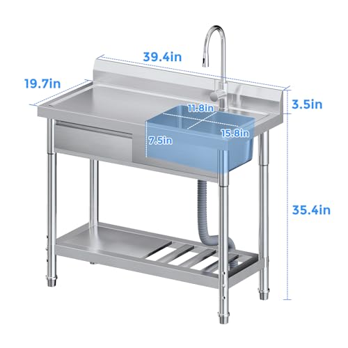 Annualring Stainless Steel Utility Sink,Freestanding Kitchen Sink with Hot and Cold Water Pipes, Drawer, Shelf, Indoor and Outdoor Universal Sink, 39inch - Thumbnail 5