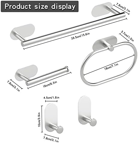 Eucomir Towel Rail Wall Mounted, 5 Pieces Bathroom Accessories Set, Toilet Roll Holder Self Adhesive, Towel Hook Towel Ring 304 Stainless Steel Bath Hardware Hand Towel Bar No DrillingSilver