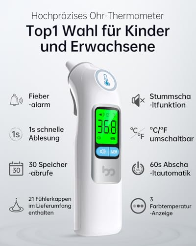 Fieberthermometer Ohr für Erwachsene & Kinder, 1s Ergebnis Hochpräzise Ohrthermometer, 30 Speicher Abrufen, 3-Farben-Fieber-Alarm… – Ansicht 3