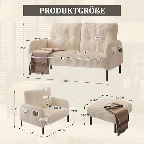 WEALTHOUSE Modulares Cord Sofa Set aus Zweisitzer,Sessel und Hocker mit ergonomischer Rückenlehne,Seitentasche und stabilem Metall‑Holz‑Gestell – für Wohnzimmer & kleine Apartments (Beige,3er-Set) – Bild 4