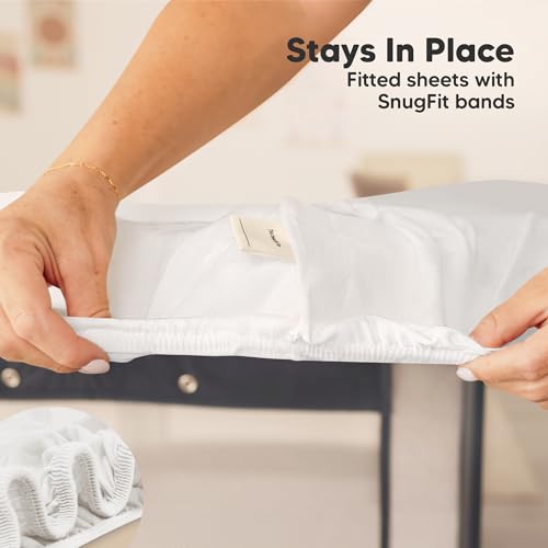 Image of 2 Pack and Play Sheets, Waterproof Mini Crib Sheets Fitted - 38x26 Organic Cotton Pack N Play Sheets for Graco Pack and Play Mattress, Playard Baby Crib Sheets,Neutral for Boy,Girl,Toddler(Soft White)