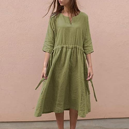Women's Casual V-Neck Cotton Linen Long Shirt Dress 3/4 Short Sleeve Midi Length T Shirt Tunic Long Beach Dress #TOP1