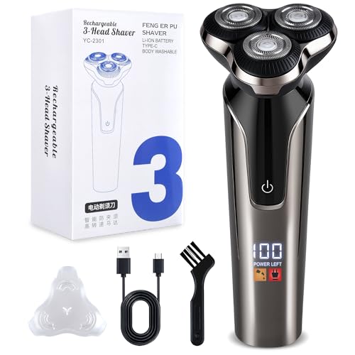 Electric Razor for Men, Men's Electric Shaver, 3-Blade Rotary Shaving System, Type-C Fast Charging, LED Display, Waterproof Wet Dry Cordless Razor (Black)