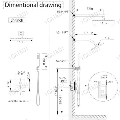 Set de Grifo de Ducha sistema con acabado dorado cepillado, con manija de desvío y rociador de mano de alta presión, instalación en pared con cabezal de ducha de 10 pulgadas y cabezal adicional de 6 pulgadas miniatura 7