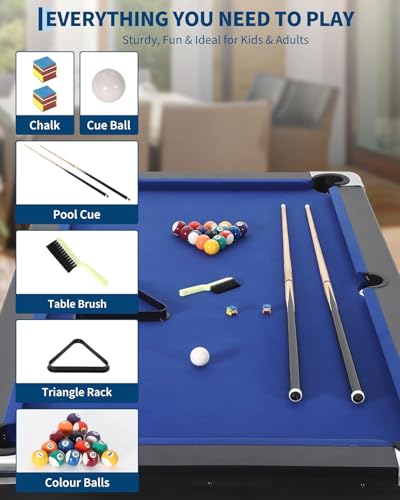 GAOMON 6/7 Foot Pool Table, Portable Billiard Tables, Foldable Small Pool Table, Mesa De Billar Includes Full Set of Billiard Balls, 2 Cue Sticks, Chalk & Felt Brush for Family Game Room Blue