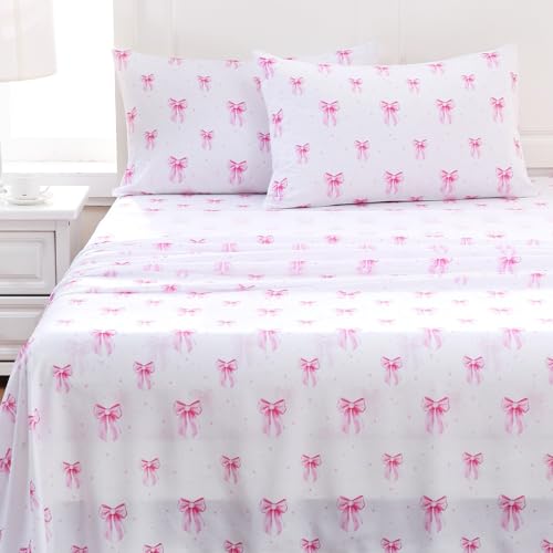 MICORAL Kids Twin Sheet Set Pink Bow 3 Pieces Sheets for Boys & Girls Soft Printed Microfiber Bed Sheets Deep Pocket Cozy Toddler Bedding Set Pink Bow