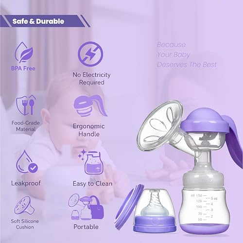 Image of ARDAKI Breast Pump for Feeding Mothers, 3 Level Suction Adjustment, Flexible Silicone Massage Cushion & Ergonomic Handle for Easy & Painless Breast Milk Expression, Manual Breast Pump, BPA Free