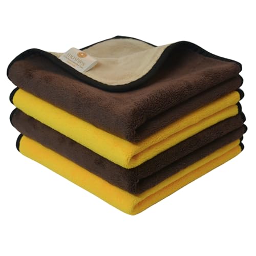Image of MUSHIES 800 GSM Microfiber Cloth (40x40 cm, Pack of 4) Double Layered Highly Absorbent Heavy Plush Microfibre Towel Cloth for Car Cleaning, Washing, Drying, Polishing & Detailing (Brown /Yellow)