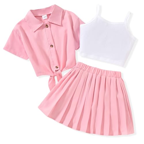 Image of HIHA Girls 3 Piece Outfit Cami Crop Tops Skirt Set with Button Down Shirts Size 6-12