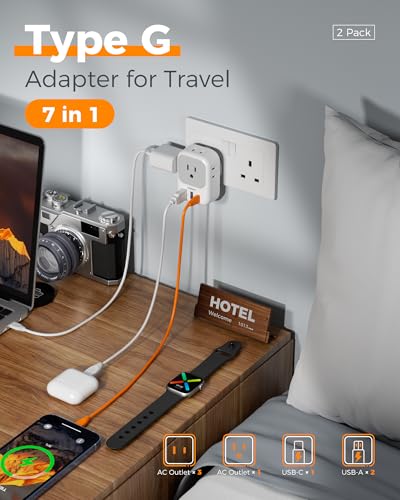 UK Adapters for Travel 2 Pack, TESSAN Type G US to UK Plug Adapter with 4 Outlets 3 USB Charger(1 USB C Port), Power Adaptor for USA to Ireland Scotland Dubai Hong Kong England British Kenya London3