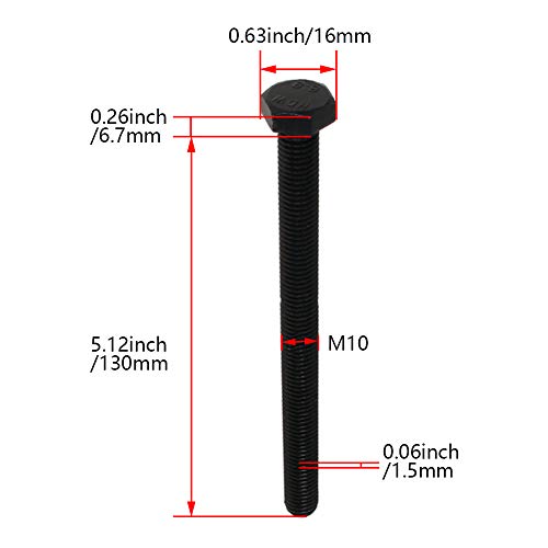 Image of M10 x 130mm Carbon Steel Grade 8.8 External Hex Head Screw Bolts Metric Thread Hexagon Bolts Fastener, 5.38''x0.63''x0.63'' (LxWxH) for Machinery Furniture Hardware Black 5pcs