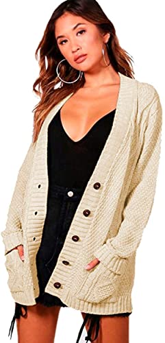 Image of STAR FASHION Women’s Grandad Cardigan Chunky Cable Knit 5 Button Up Jumper with Pockets Long Sleeve Open Front Winter Sweater Ladies Warm Knitwear Beige-8-10