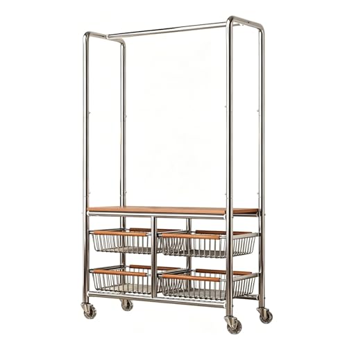 ZzERTE Perchero De Pie Con Ruedas,Barra De Ropa De Acero Inoxidable Con Tablero De Madera Y 4 Cestas,Organizador De Armario Móvil Para Dormitorio,Sala De Lavado Y Tienda, Resistente