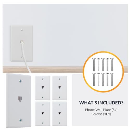 Newhouse Hardware 1-Port Telephone Jack Wall Plate, 6P4C, for RJ11 telephone cables, Single Gang, 5-Pack, White (PHP-WH-05)