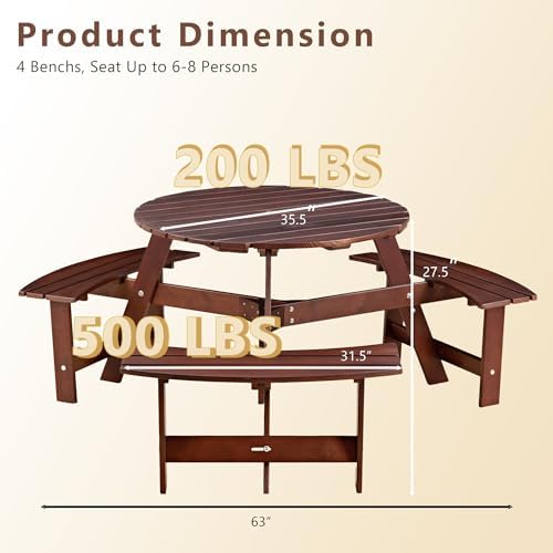 CKEASEAN 6 Person Wood Picnic Table, Outdoor Round Picnic Table with 3 Built-in Benches, Umbrella Hole, Outside Table and Bench Set for Patio, Backyard, 500lbs Capacity Per Bench (Brown, 6 Person)