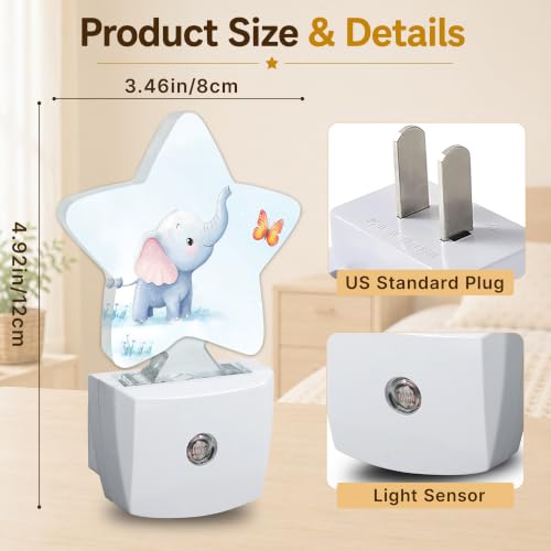 Image of Star Night Light Plug in, Elephant Butterfly Dusk to Dawn Sensor Night Light, Soft Glow Lamp for Kids Bedroom Nursery Hallway Bathroom, Energy Saving Compact Design