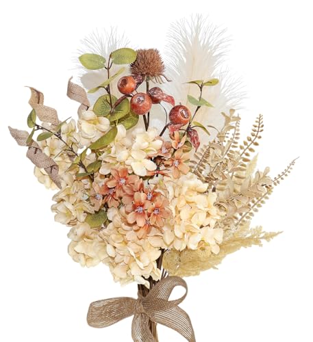 BINFEN 28Pcs Boho Artificial Dried Hydrangea Flower Bouquet with Berries, Burlap & Pampas, Green Ombre Leaves, Fake Fall Winter Thanksgiving Harvest Floral Arrangement for Vase Centerpieces, 17'