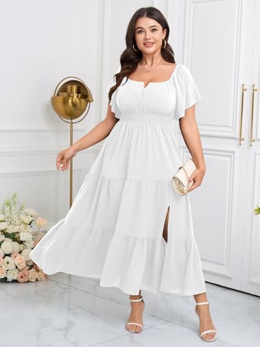Image of SCOMCHIC Womens Plus Size Maxi Dress Formal Short Sleeve Square Neck Smocked Side Split Flowy A Line Tiered Long Dress