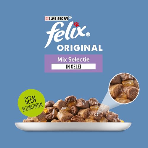 Felix Mix Auswahl in Gelee Katzenfutter, Nassfutter Mahlzeitbeutel mit Rund, Huhn, Lachs & Thunfisch, 44 x 85g (44 Mahlzeitenbeutel; 3,7kg)