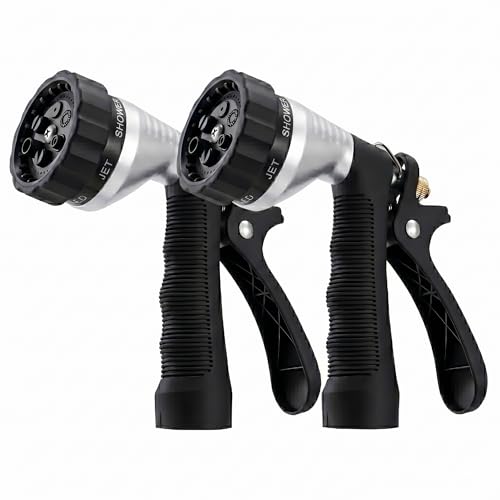 GREEN MOUNT Water Hose Nozzle 2-Pack Zinc Alloy Garden Spray Nozzle with Adjustable Spray Patterns Leakproof Rustproof Trigger Lock for Outdoor Cleaning & Car Wash Silver & Silver