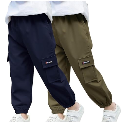 Boys Cargo Pants 2 Pack Casual Joggers Elastic Waist Hiking Pants Fashion Loose Workout Pant Jogging Trousers Bottom