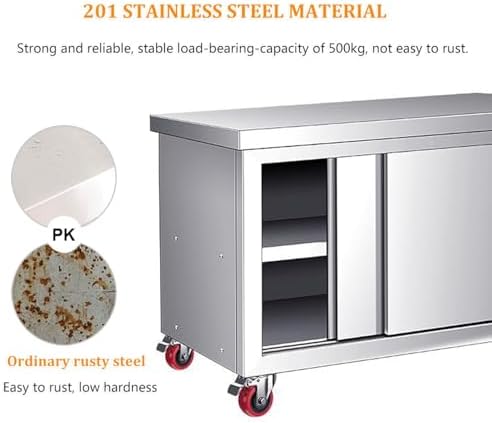 Commercial Stainless Steel Work Table with Sliding Doors, Heavy-Duty Kitchen Prep Table on Wheels, 1102.3 LBS Capacity, Multifunctional Workbench for Restaurant & Hotel