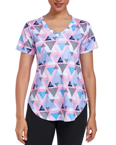 Alovien - Camisas de entrenamiento de manga corta para mujer, ajuste holgado, cuello en V, playera de ejercicio para mujer, playera de entrenamiento, ajuste seco, yoga, gimnasio,...