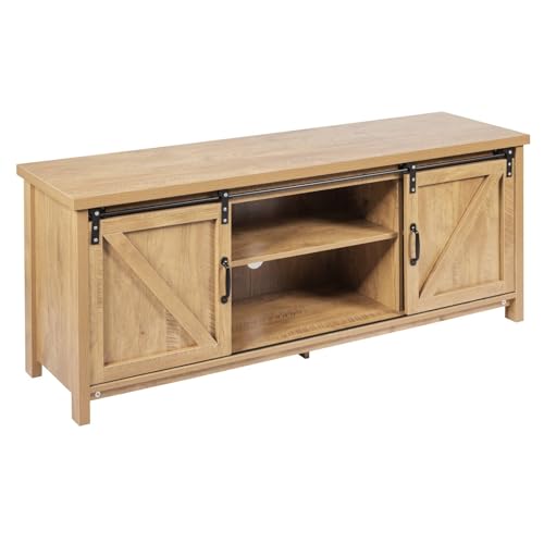 Multigot TV Cabinet for TVs up to 65”, Sliding Barn Door Media Stand Console Table with 2 Open Shelves & 2 Cabinets, Farmhouse Wooden TV Entertainment Center for Living Room, Bedroom (Natural Oak)