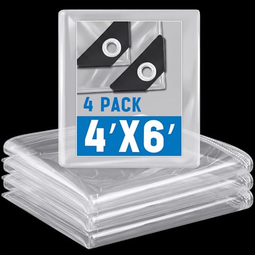Image of 4 Pack 4 x 6 ft Transparent Tarp Clear Waterproof Weatherproofing Tarp with Grommets Green House Cover 8mil Plant Cover Shed Cloth with Rope for Greenhouse Henhouse Porch (Clear)