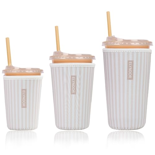 Image of Reusable Insulated Sleeve for Iced Coffee Cup, 3-Pack Coffee Neoprene Drink Sleeve for Cold & Hot Drinks, Beverage Holder for Iced Coffee (Cream Stripes)