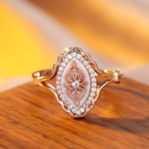 Oval Design White Diamond Shell Ring, Luxury Minimalist Jewelry with Gold Border, Elegant Ring for Women