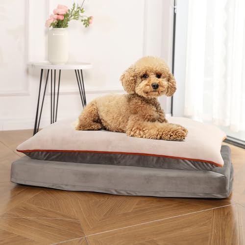 Image of Amazon Basics Dog Bed with Cooling Gel Memory Foam, Pressure-Relief Support for Dogs up to 50lbs, Non-Slip Bottom, Machine Washable Cover, Large Sized (36 inch x 27 inch), Grey