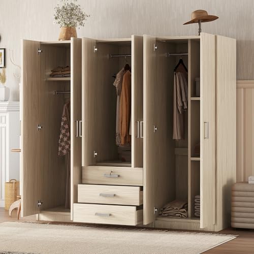 6 Doors Wooden Wardrobe for Bedroom with Hanging Rods Adjustable Shelves Lockable Drawer 3 Storage Drawers MDF Freestanding Closet Cabinet with Multiple Compartments Design with Handles (Brown)