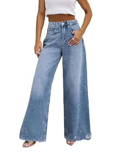 cffvdiz Blue,S, Women's Ripped Boyfriend Wide Leg Jeans Mid