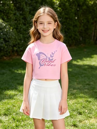 Image of Little Girls Crop Tops Cool Summer T-Shirt Crewneck Short Sleeve Fashion Tee Size 6-14