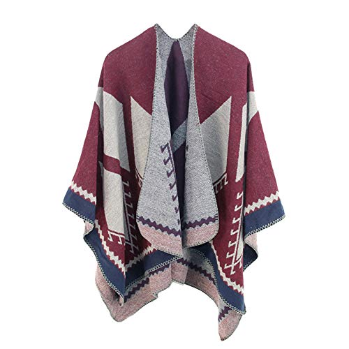 Women's Shawls Wraps, Fall and Winter Open Front Vintage Poncho Cape Cardigan Sweater Coat Wine