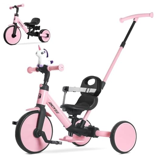 RIDYEE 5-in-1 Toddler Tricycle for Ages 1.5–3, Parent Steering Push Trike, Tool-Free Convertible to Balance Bike, Safety Belt, Removable Backrest and Footrest, Ride-On Toy for Boys & Girls, Pink