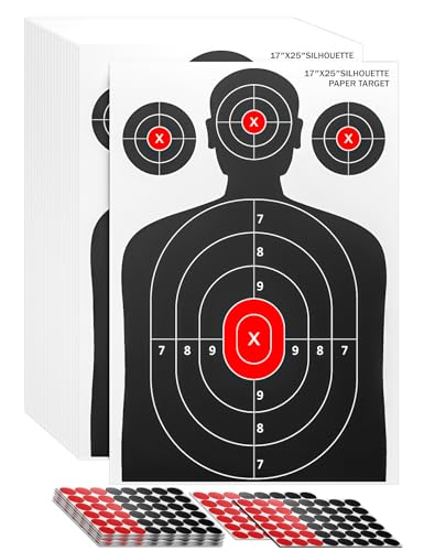 LAKINGO 50 Pack Paper Shooting Targets for Range, 17x25 Inch Silhouette Targets for Indoor/Outdoor Shooting with 480 Stickers, Compatible with Pistol, Rifles, air Gun, and BB Gun Practice