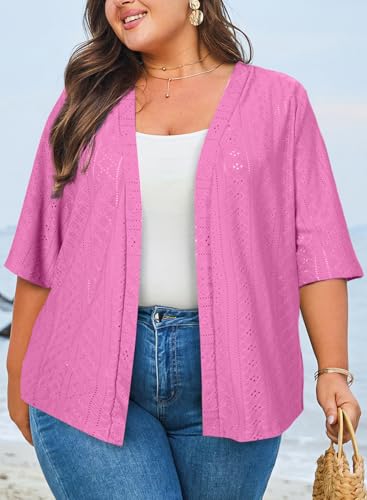 Image of Eytino Plus Size Cardigan for Women Half Sleeve Knitted Jacquard Summer Kimono Cover up Tops(1X-5X)