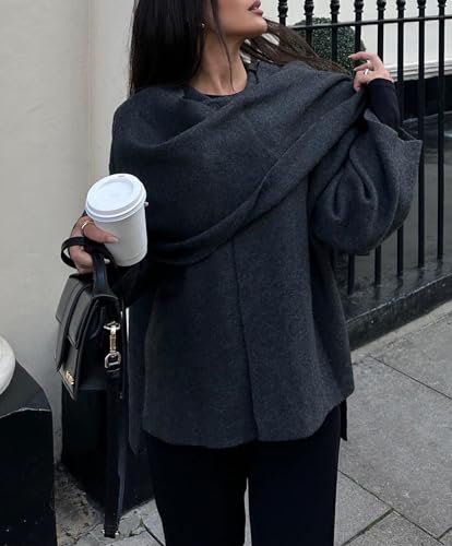 Womens Oversized Scarf Jacket Wool Blend Coat Long Sleeve Button Wool Coats Overcoats(-Black-Small)3