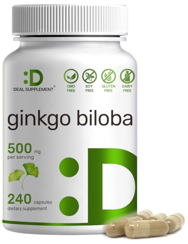 DEAL SUPPLEMENT Ginkgo Biloba 500mg Per Serving, 240 Capsules – Grown in Northern Asia – Extra Strength, Non-GMO, No Gluten
