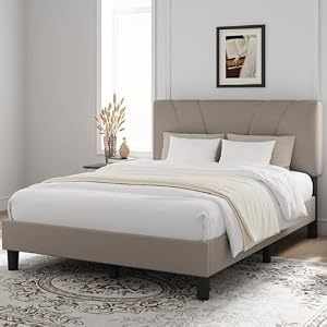 Novilla King Size Bed Frame with Adjustable Headboard Platform King Bed Frame Linen Fabric Upholstered Headboard, No Box Spring Needed, Noise-Free, Wooden Slats Support, Easy Assembly, Beige — photo 3 of 6