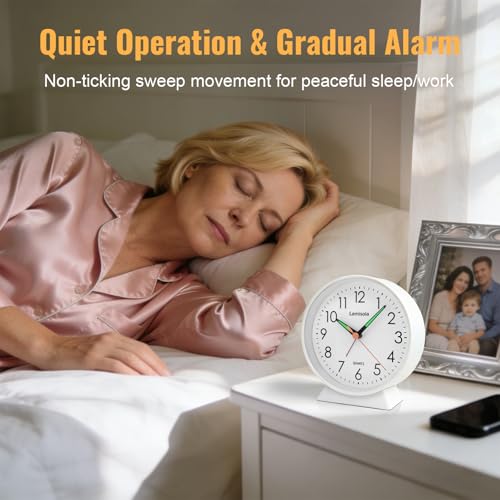 Image of 4.5 Inch Small Silent Analog Alarm Clock, Retro Battery Operated Desk Clock with Night Light Stays On 4 Seconds Vintage Metal Table Clock for Bedside, Nightstand, Bedroom, Office, Bathroom - White