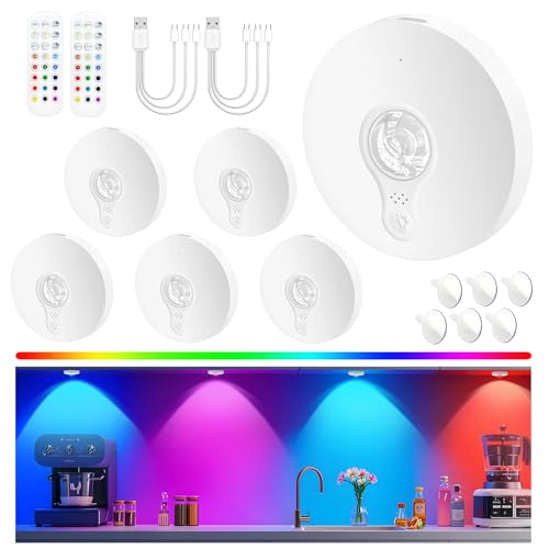 Schrankbeleuchtung Kabellos Akku USB, Unterschrank Beleuchtung Küche, Unterbauleuchte Küche LED Ohne Kabel, Vitrinenbeleuchtung Magnetisch, Puck Lights Mit Fernbedienung, Weiß, 6 Stück, 3-Farbe-RGB