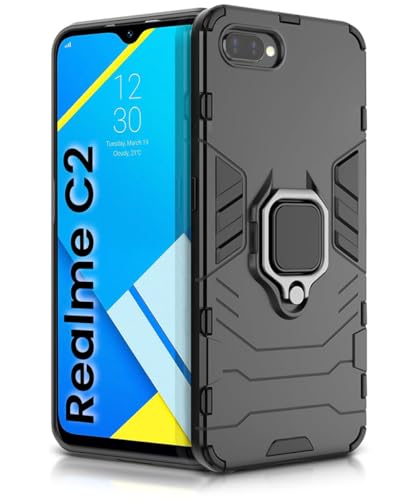 Image of WOW IMAGINE Shock Proof Back Case Mobile Cover for Realme C2 (Armor | Hybrid PC + TPU | Full Protection with Ring Holder Kickstand | Carbon Black)