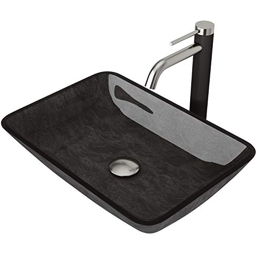 Vigo Vgt1438 18.13" L -13.0" W -10.25" H Glass Rectangular Vessel Bathroom Sink In Onyx Gray With Lexington Faucet And Pop-Up Drain In Brushed Nickel #TOP29